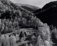 Tim Barnwell  -  Farms Nestled in Mountains, 2000 / Silver Gelatin Print  -  15.5 x 19