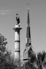 Tim Barnwell  -  2230, Statue of John C. Calhoun (in Marion Square Park) and Church Steeple, Charleston, SC /   -  