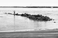Tim Barnwell  -  2335, Fisherman, rocks, near Ft. Moultire with Ft. Sumter behind, Charleston, SC /   -  
