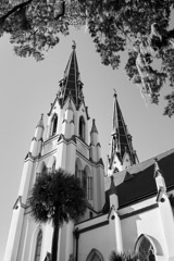 Tim Barnwell  -  2428, Cathedral of St. John the Baptist, side view of steeples, Savannah, GA /   -  
