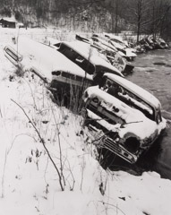 Tim Barnwell  -  Cars along creek bank, 1983 / Silver Gelatin Print  -  11 x 14