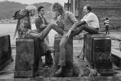 Pirkle Jones  -  Wayne with his parrot, Normal-Norman Carlin, Michael Scott, and unidentifed man, Gate Five, 1970 / Silver Gelatin Print  -  11x14