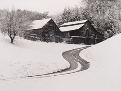 Tim Barnwell  -  Two Barns in Snow, Walnut, Madison County, NC, 1989 / Silver Gelatin Print  -  16 x 20