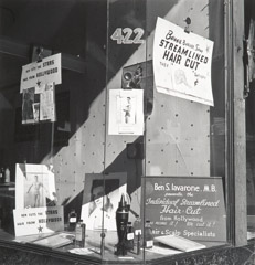 John Gutmann  -  Ben's Barbershop Window. Streamlined Haircuts. 1946 / Silver Gelatin Print  -  11x14